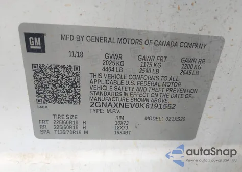 2019 Chevrolet Equinox Premier из США, поврежденный, VIN 2GNAXNEV0K6191552